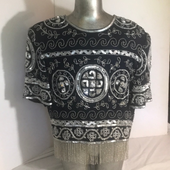 “A. J. BARI” Beaded, Sequined and Silk Ladies Top - Picture 2 of 15